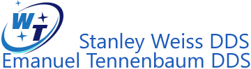 The image is a logo that includes text and graphic elements. It features the name  Stanley Weiss DDS  along with other text, which appears to be related to dental services or a dental practice. Below the main text, there are names of individuals associated with the practice. The background has a gradient from dark at the top to light at the bottom, and there is a stylized graphic element resembling a smile or teeth.